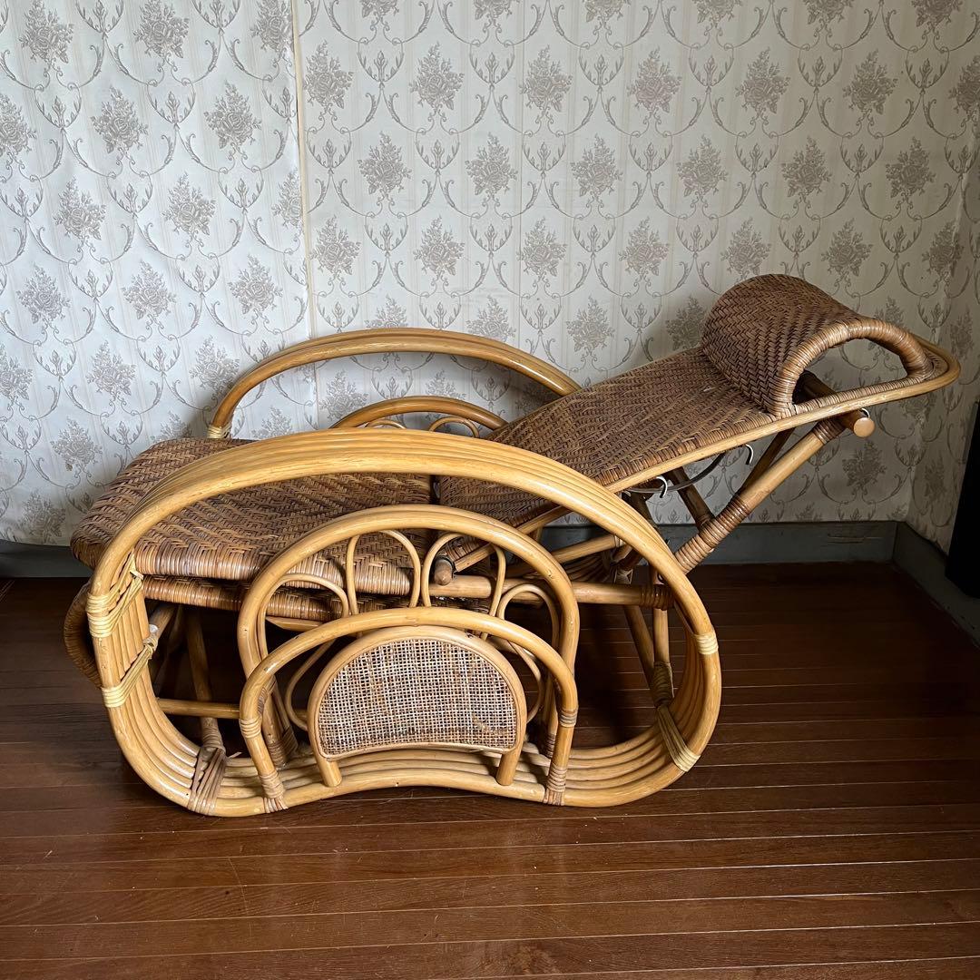 【アンティーク】籐 ラタン リクライニングチェア オットマン付き 古家具 古民家