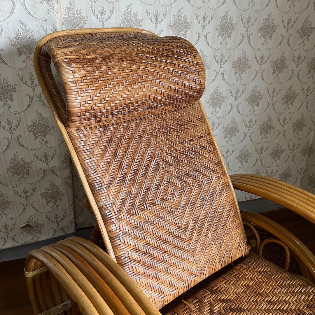 【アンティーク】籐 ラタン リクライニングチェア オットマン付き 古家具 古民家