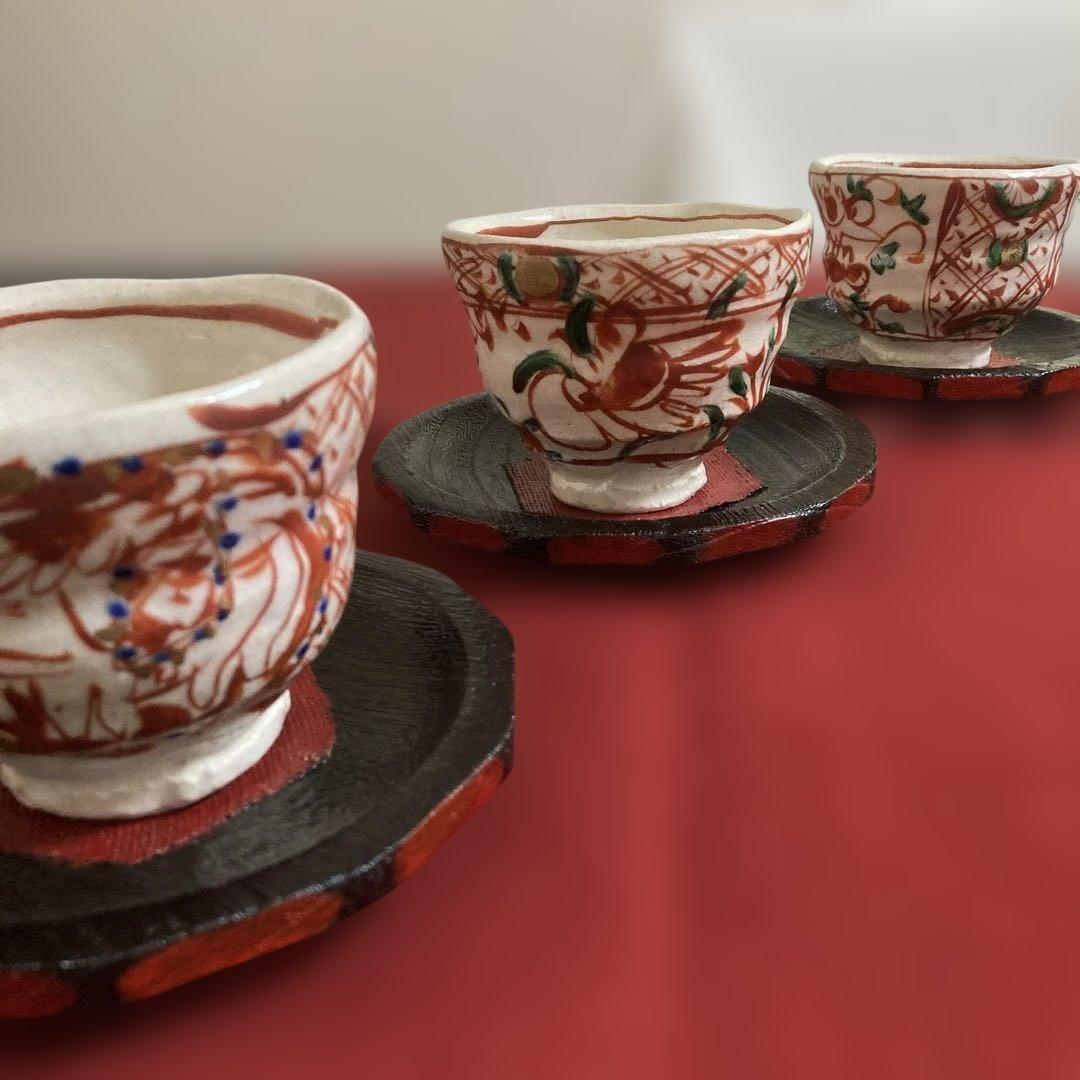美濃焼　黒岩卓実作　赤絵汲み出し茶碗 5客セット