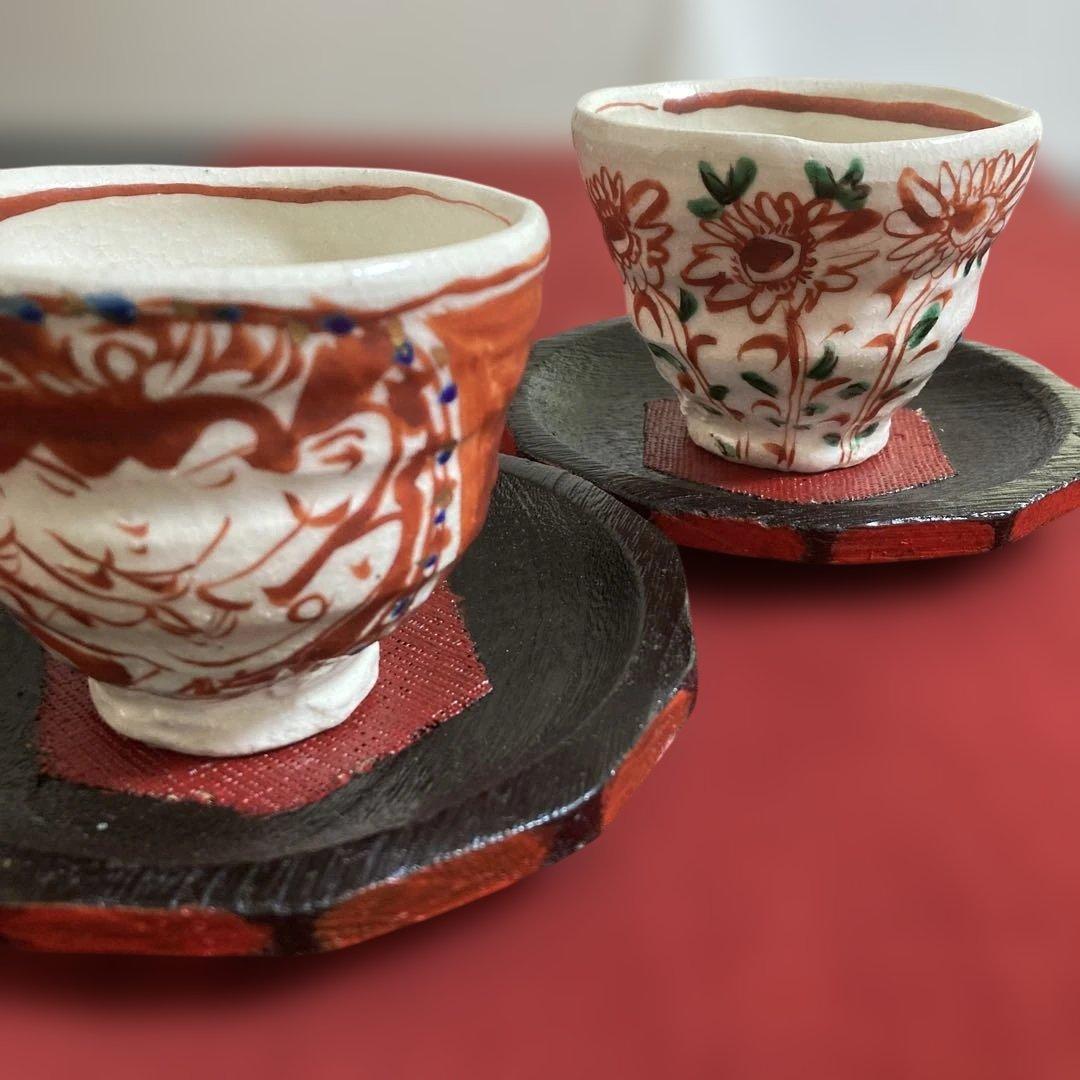 美濃焼　黒岩卓実作　赤絵汲み出し茶碗 5客セット