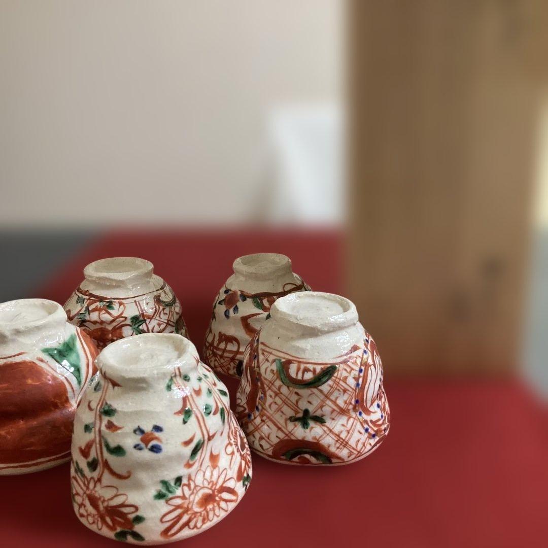 美濃焼　黒岩卓実作　赤絵汲み出し茶碗 5客セット
