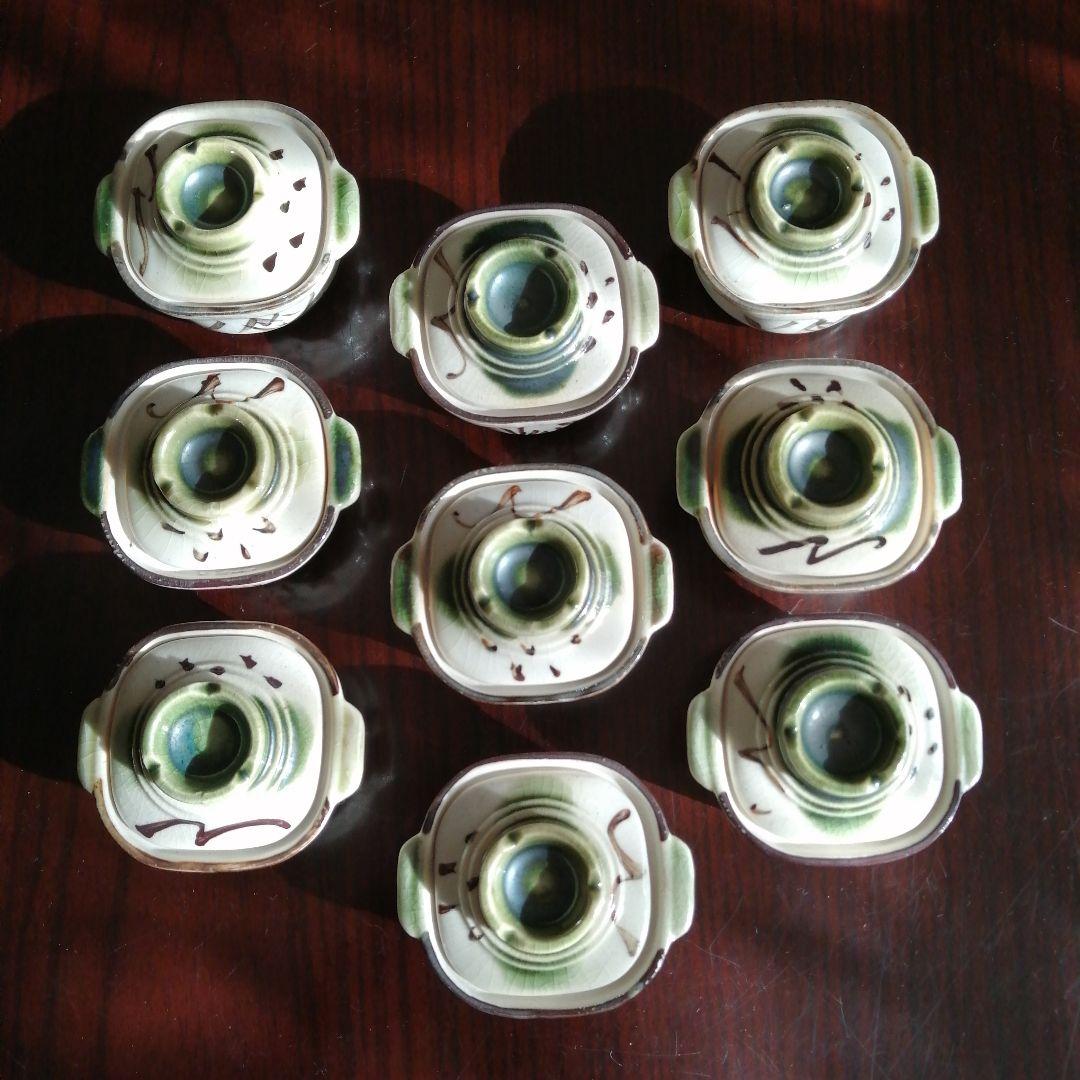 瀬戸焼　織部蓋付豆鉢　9客　6.8cm　昭和中期