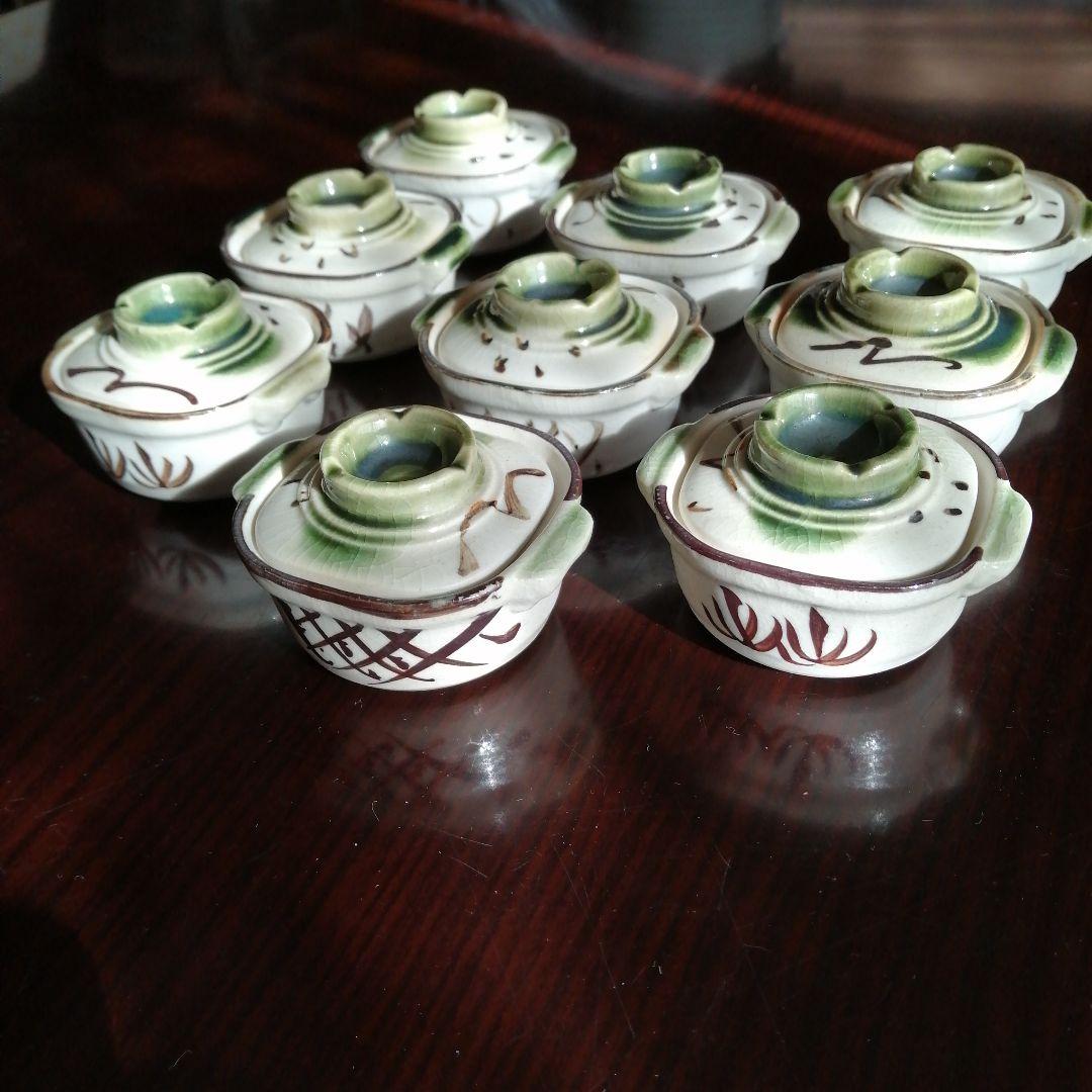 瀬戸焼　織部蓋付豆鉢　9客　6.8cm　昭和中期