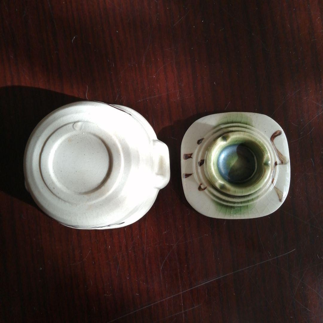 瀬戸焼　織部蓋付豆鉢　9客　6.8cm　昭和中期