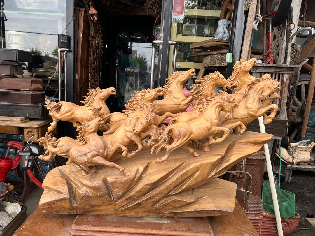 馬の木彫り、木彫り馬、特大95センチ馬群、特大木彫り馬群、9頭の馬