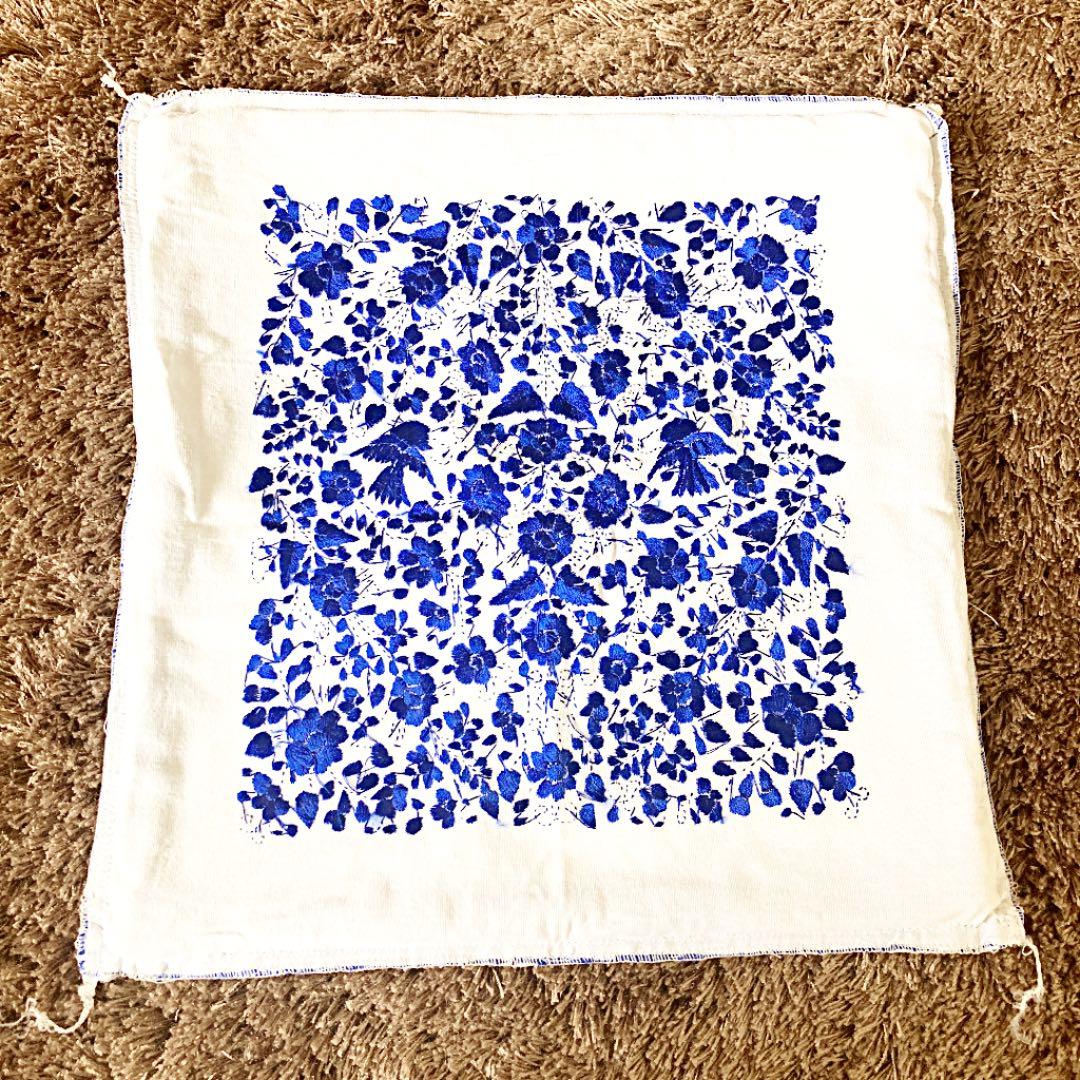 新品＊クッションカバー＊メキシコ刺繍＊ブルー×ホワイト＊メキシコ雑貨