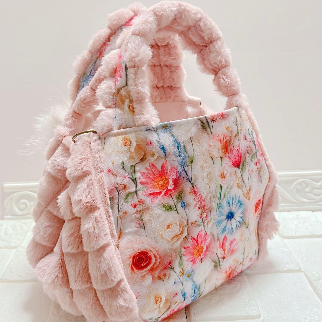 もふもふ猫ちゃん♡ コヤンイサムチョン トートバッグ ピンク×花柄 サンダー