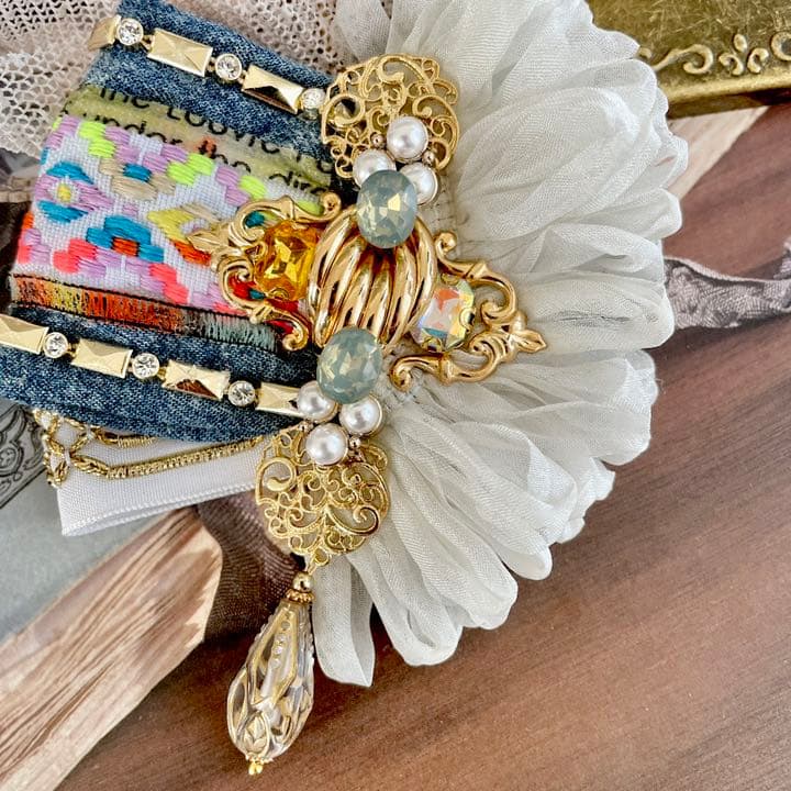 no.76 ハンドメイド　ネオン×デニム×キラキラ華やかヘアアクセサリー✩.*˚