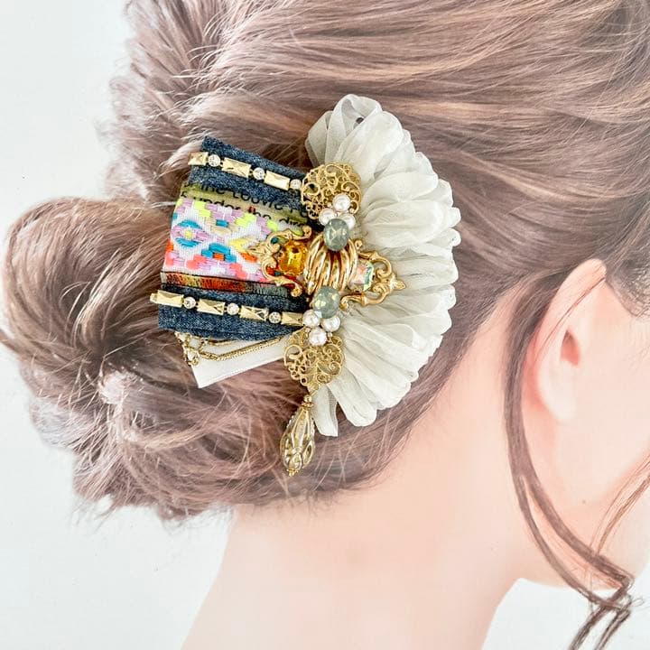 no.76 ハンドメイド　ネオン×デニム×キラキラ華やかヘアアクセサリー✩.*˚