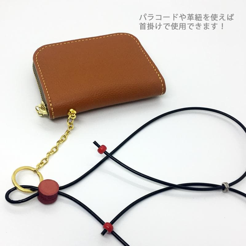 【本革】ミニウォレット ファスナー キャメル ストラップ付き ハンドメイド