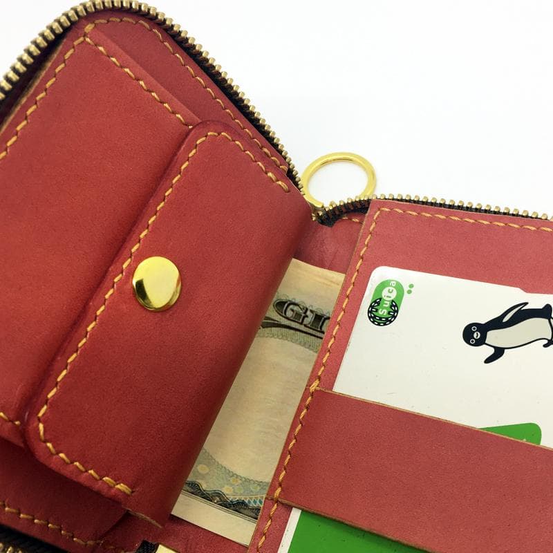 【本革】ミニウォレット ファスナー キャメル ストラップ付き ハンドメイド