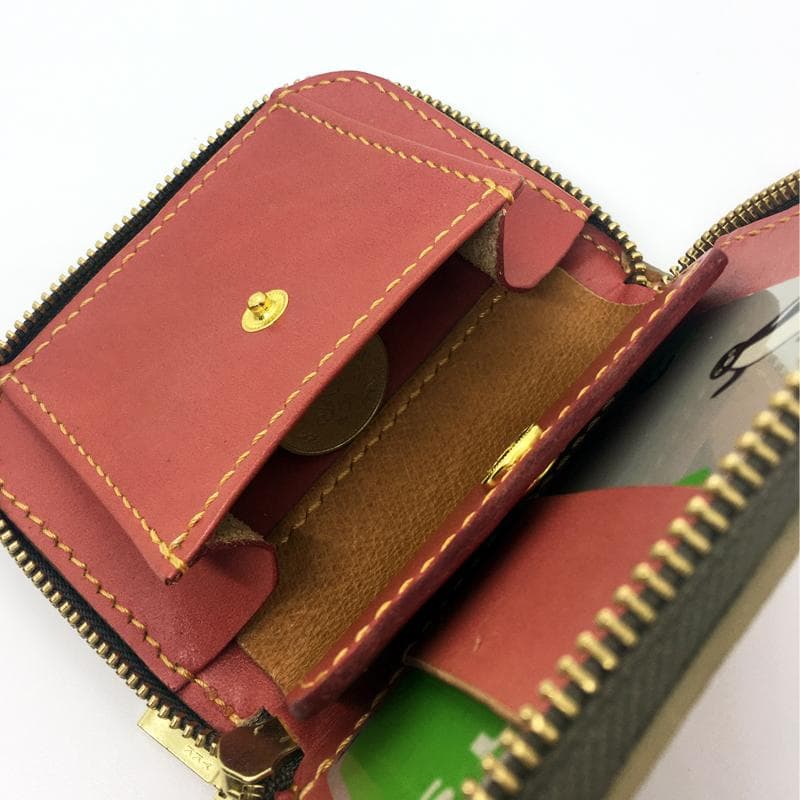【本革】ミニウォレット ファスナー キャメル ストラップ付き ハンドメイド