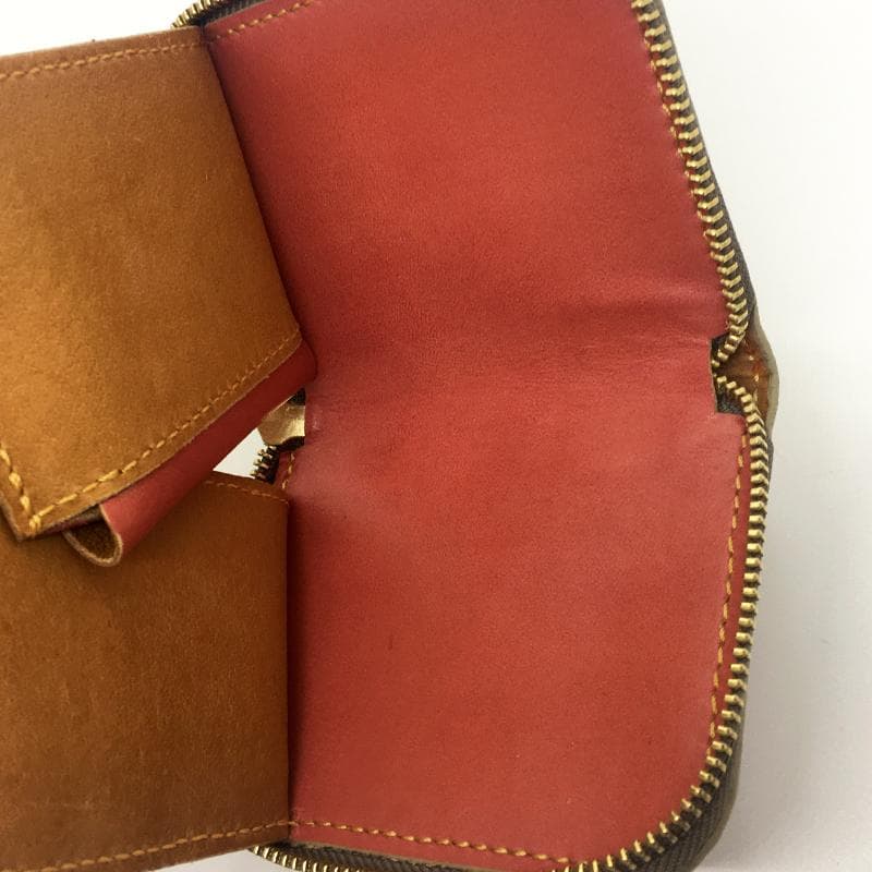 【本革】ミニウォレット ファスナー キャメル ストラップ付き ハンドメイド