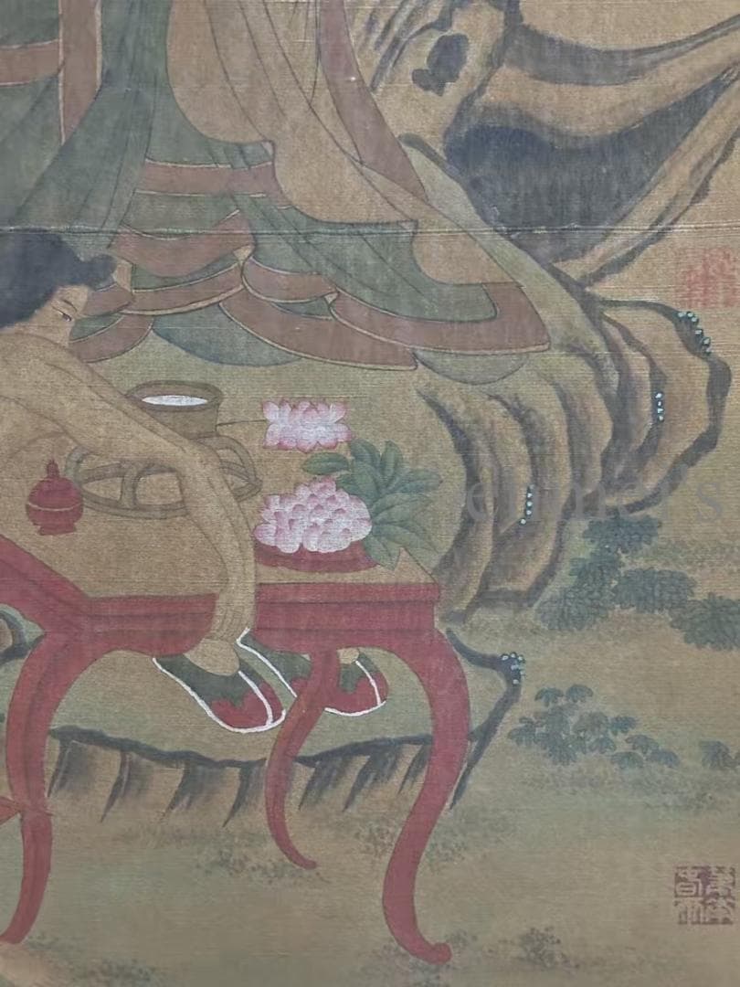 中国古美術 清時代 絹本手描き 呉道作款 羅漢図 三尺 牙軸 古玩 水墨画 掛軸