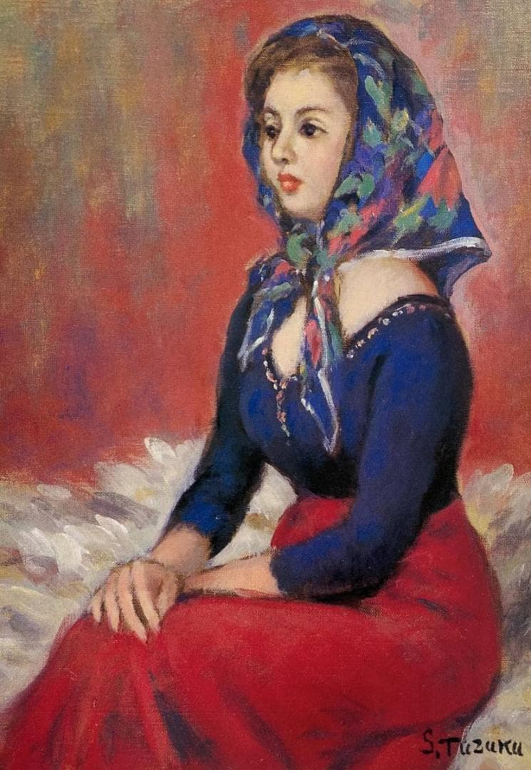 都竹伸政、【スカーフの娘】、希少な画集より、新品額装付