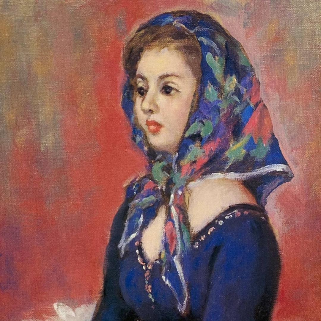 都竹伸政、【スカーフの娘】、希少な画集より、新品額装付