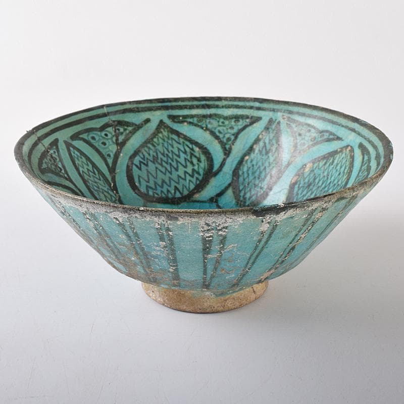 ペルシャ陶器 二シャプール出土 十世紀 青釉黒彩鉢 時代箱付 V R8419