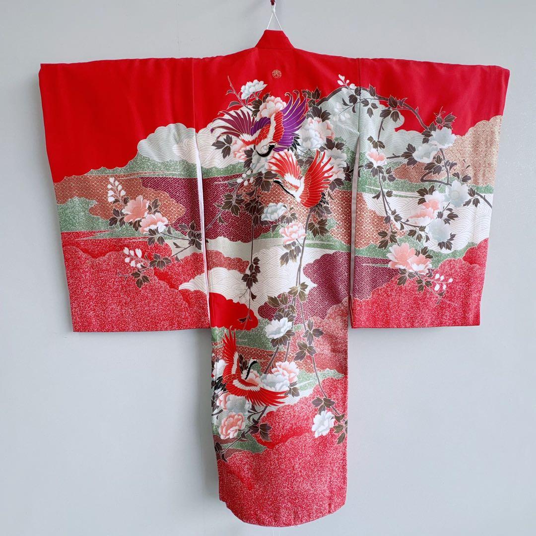 お宮参り　０歳　赤ちゃん　初着産着　女の子　赤地金プリント鶴　長襦袢付　7273