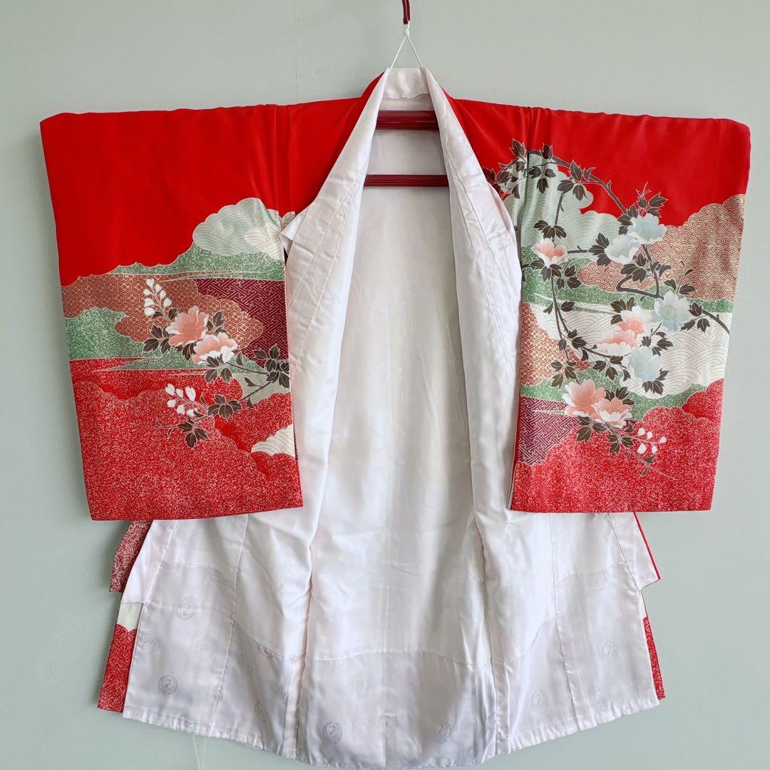 お宮参り　０歳　赤ちゃん　初着産着　女の子　赤地金プリント鶴　長襦袢付　7273