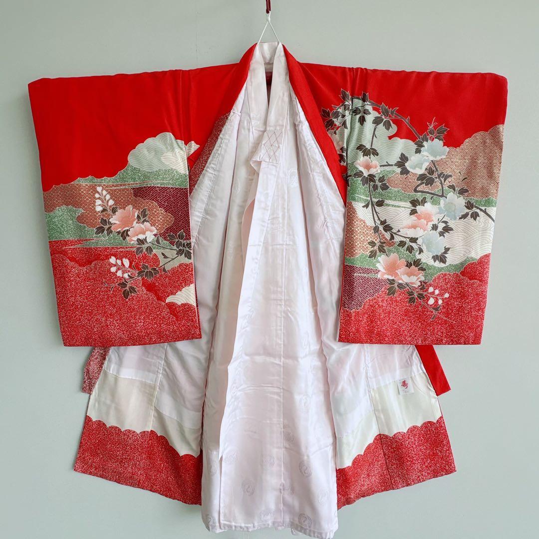 お宮参り　０歳　赤ちゃん　初着産着　女の子　赤地金プリント鶴　長襦袢付　7273