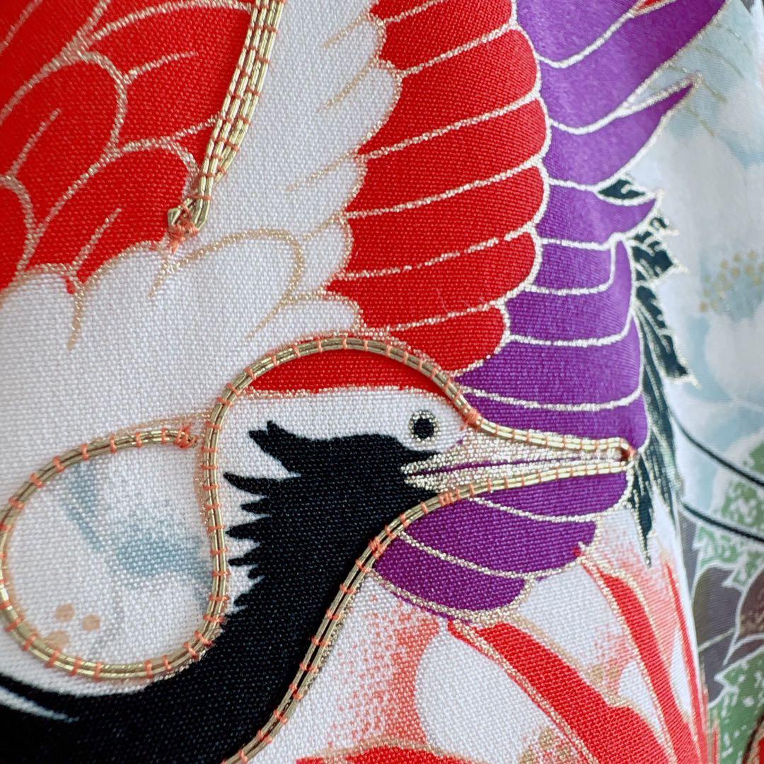 お宮参り　０歳　赤ちゃん　初着産着　女の子　赤地金プリント鶴　長襦袢付　7273