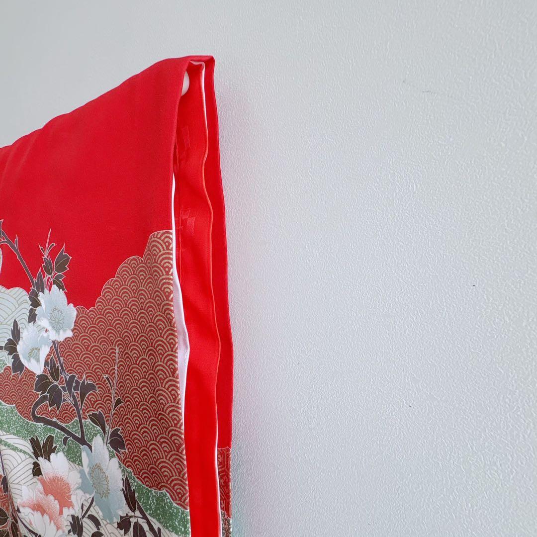 お宮参り　０歳　赤ちゃん　初着産着　女の子　赤地金プリント鶴　長襦袢付　7273