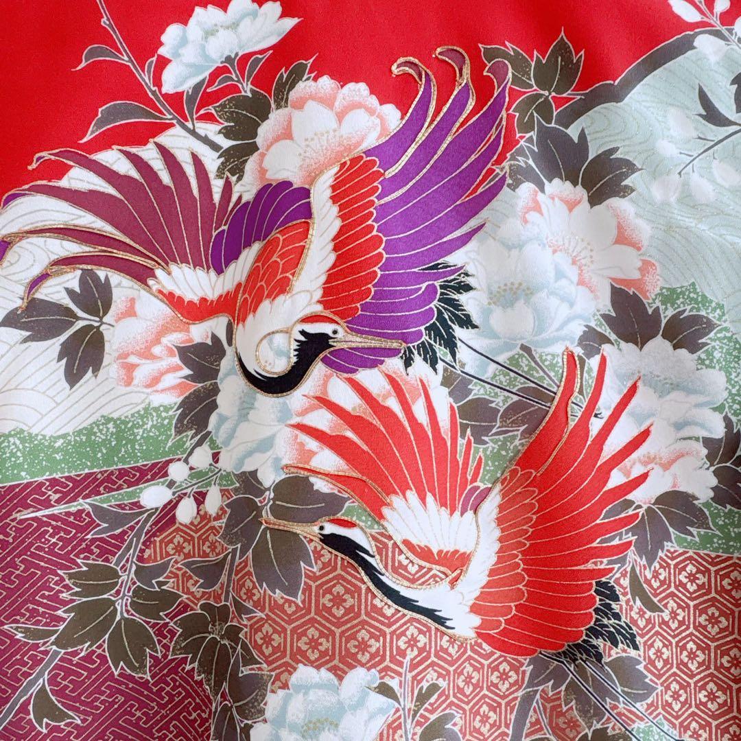 お宮参り　０歳　赤ちゃん　初着産着　女の子　赤地金プリント鶴　長襦袢付　7273