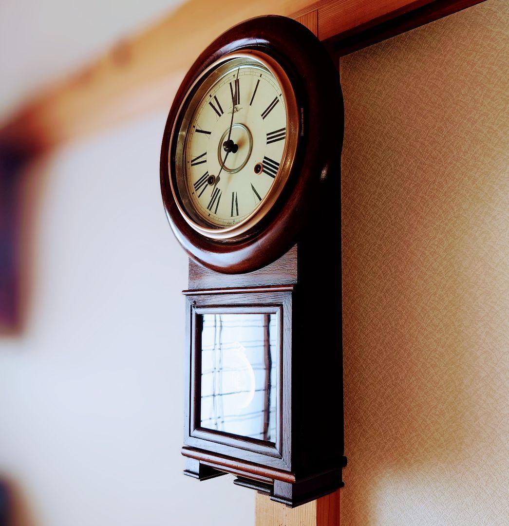 〈OH済完動・極美品〉今津菊次郎時計日の出馬印　剣丸形ゼンマイ振り子時計　古時計