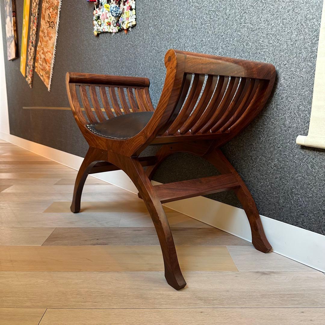 本革 チーク無垢材 カルティニ チェア 鋲打 木製スツール