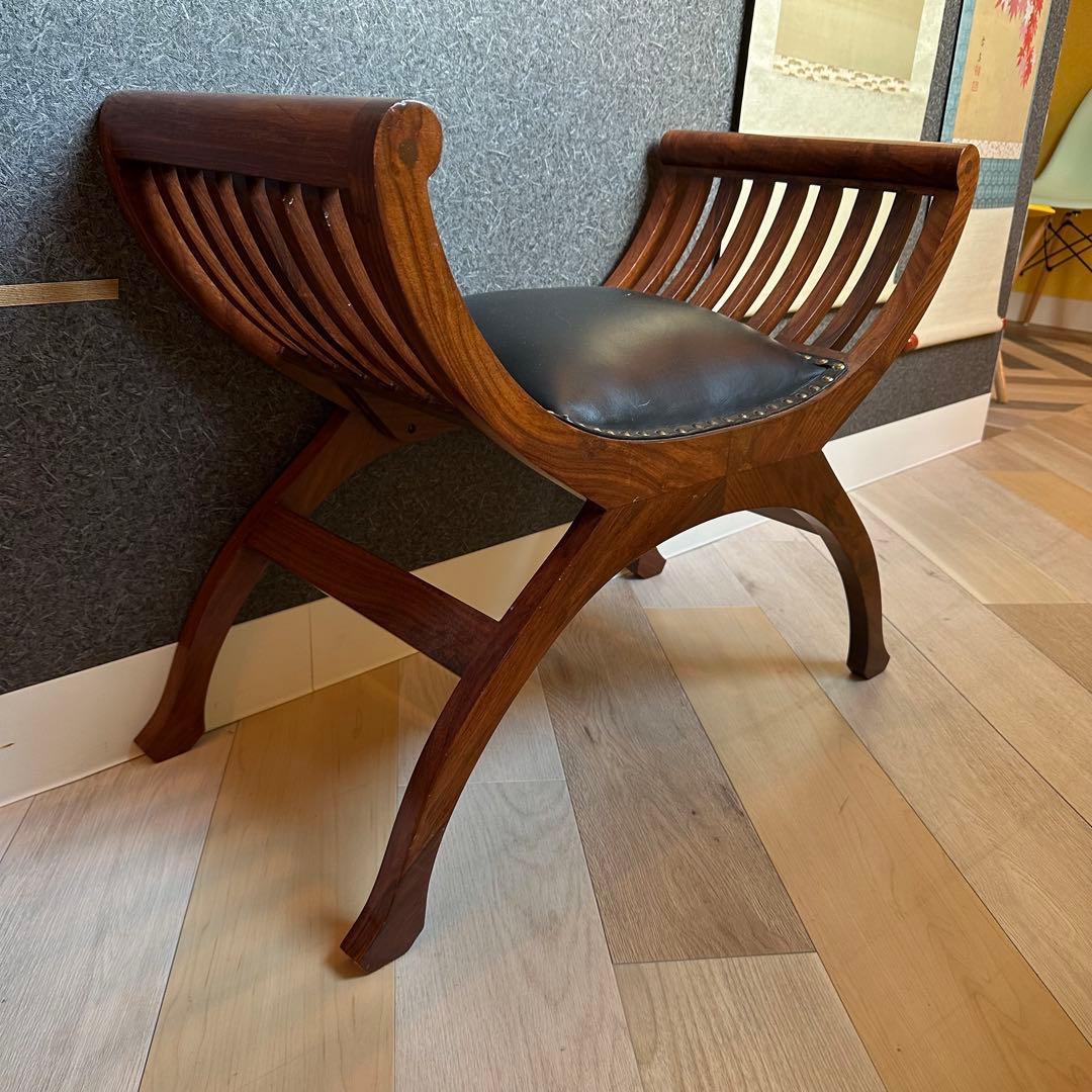 本革 チーク無垢材 カルティニ チェア 鋲打 木製スツール