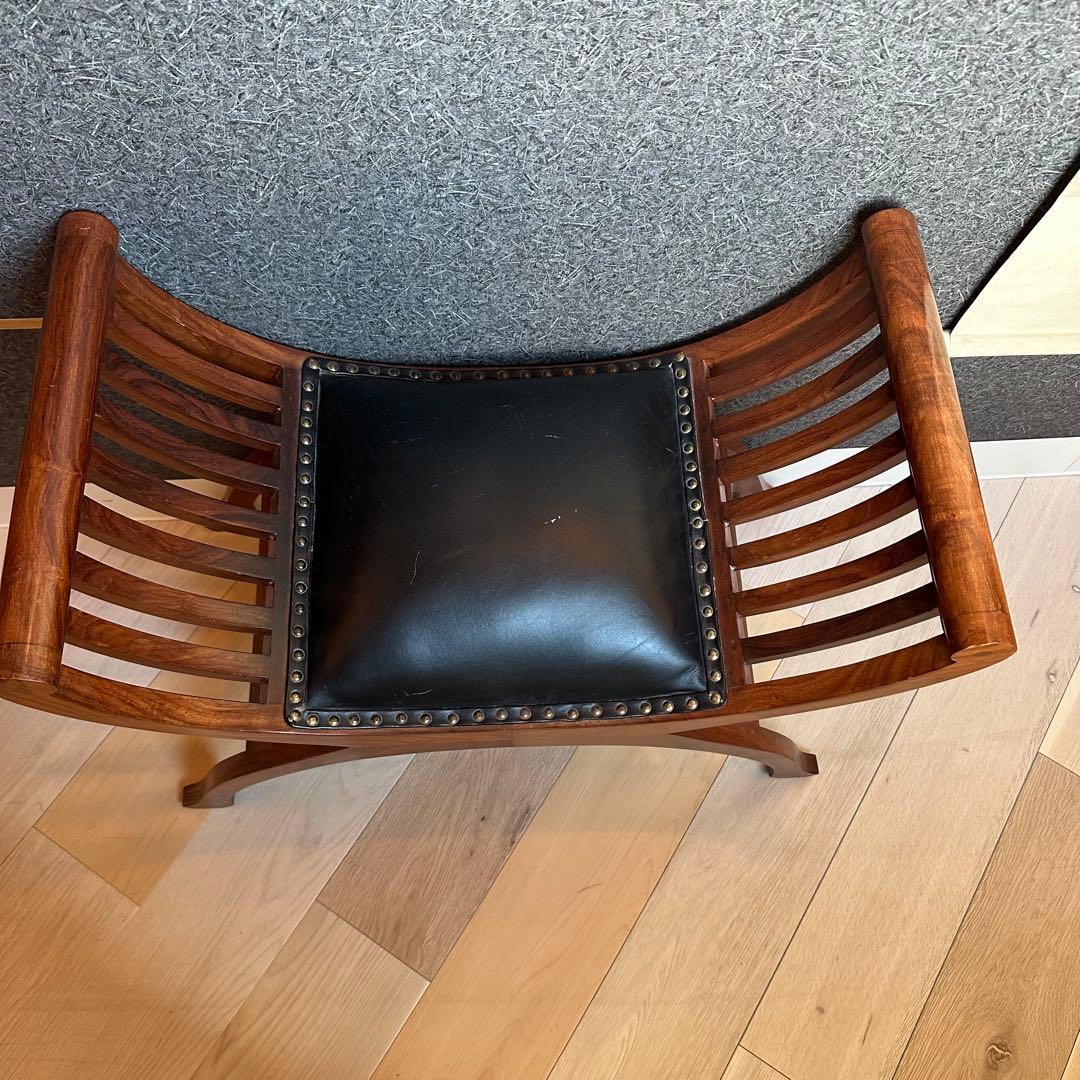 本革 チーク無垢材 カルティニ チェア 鋲打 木製スツール