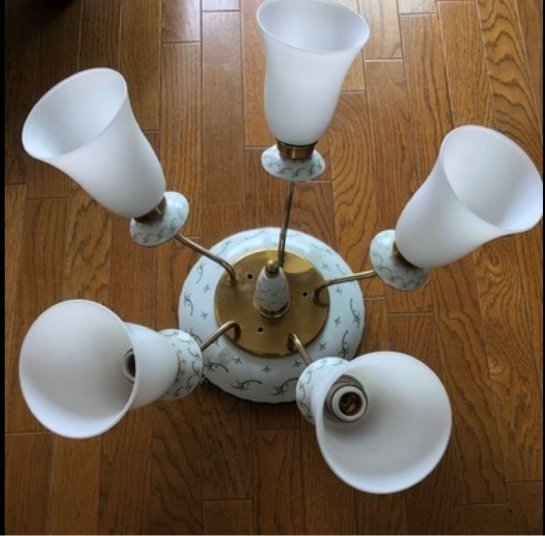 アンティーク　オーヤマ照明　陶器　シャンデリア　照明　直結　小花柄 5灯 ②