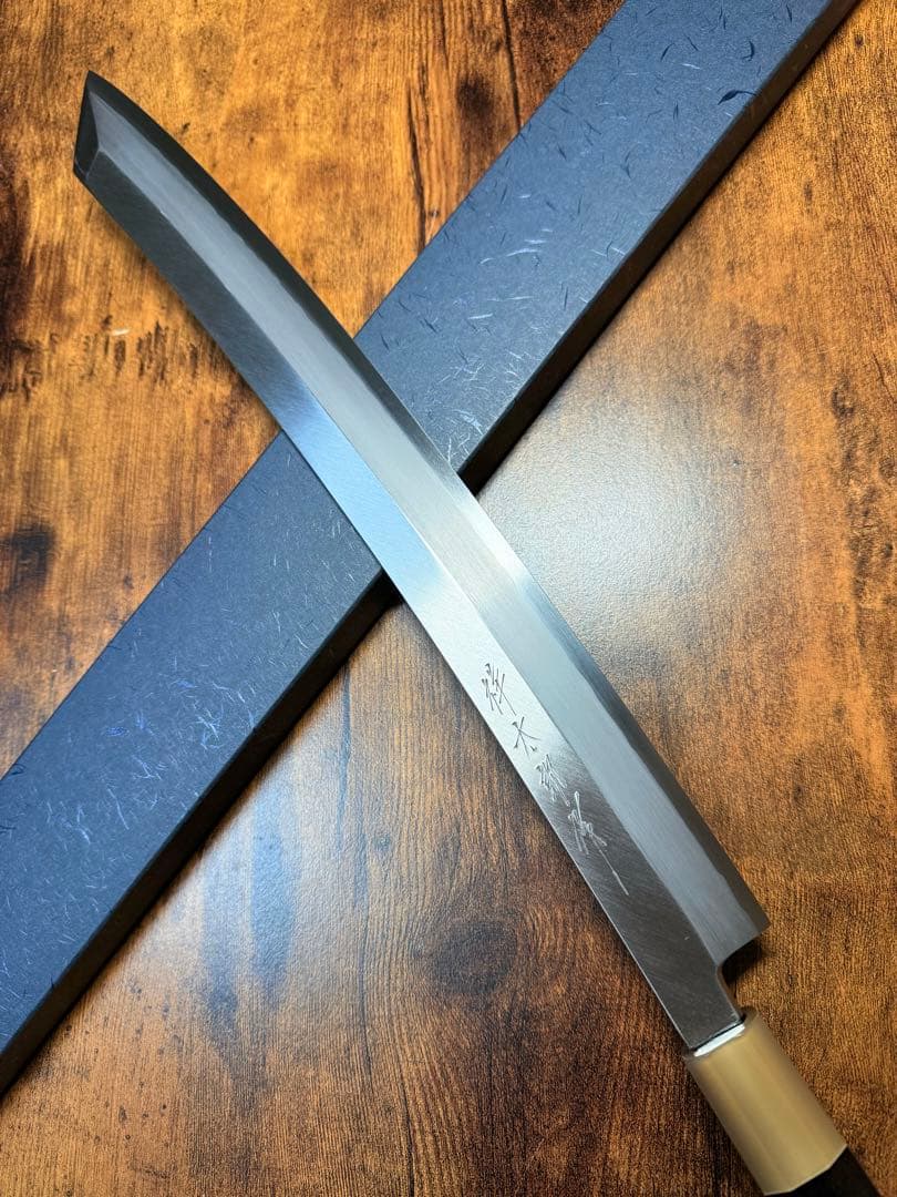 【堺打刃物】祥太郎作　刺身 切付 尺三寸　銀三鋼　鬼反り 包丁黒檀銀巻八角水牛柄