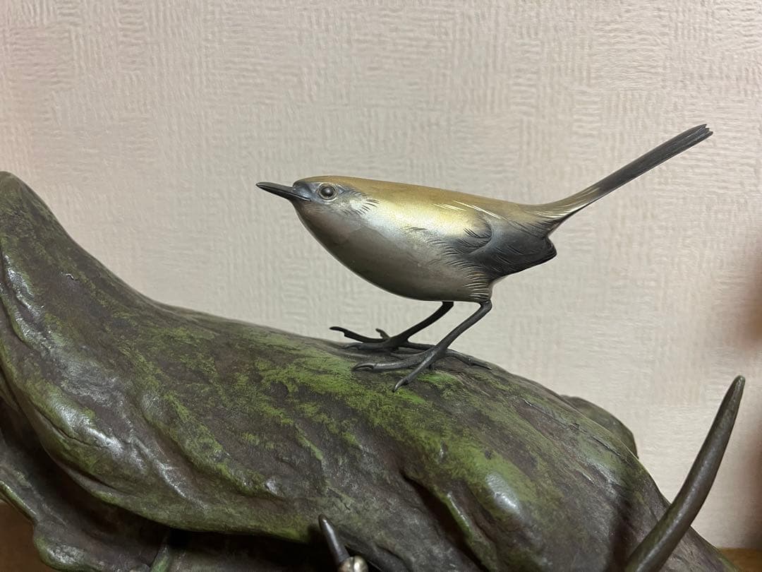 明治期ヴィンテージ　株木秀明作品　オブジェ　金工芸品　梅にうぐいす　骨董品　置物