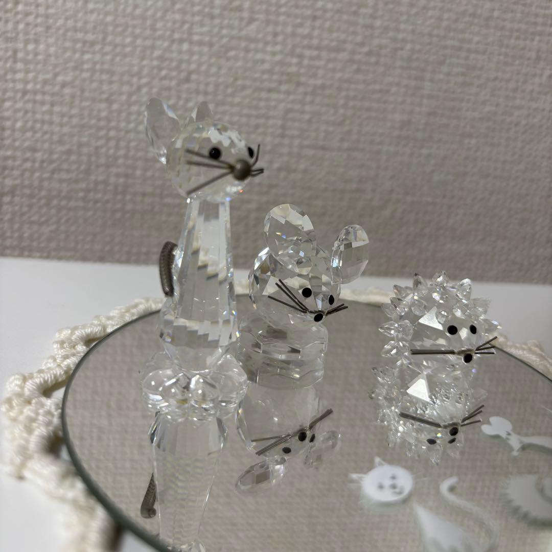 スワロフスキー、ネコ、ネズミ、ハリネズミの置物3点セット