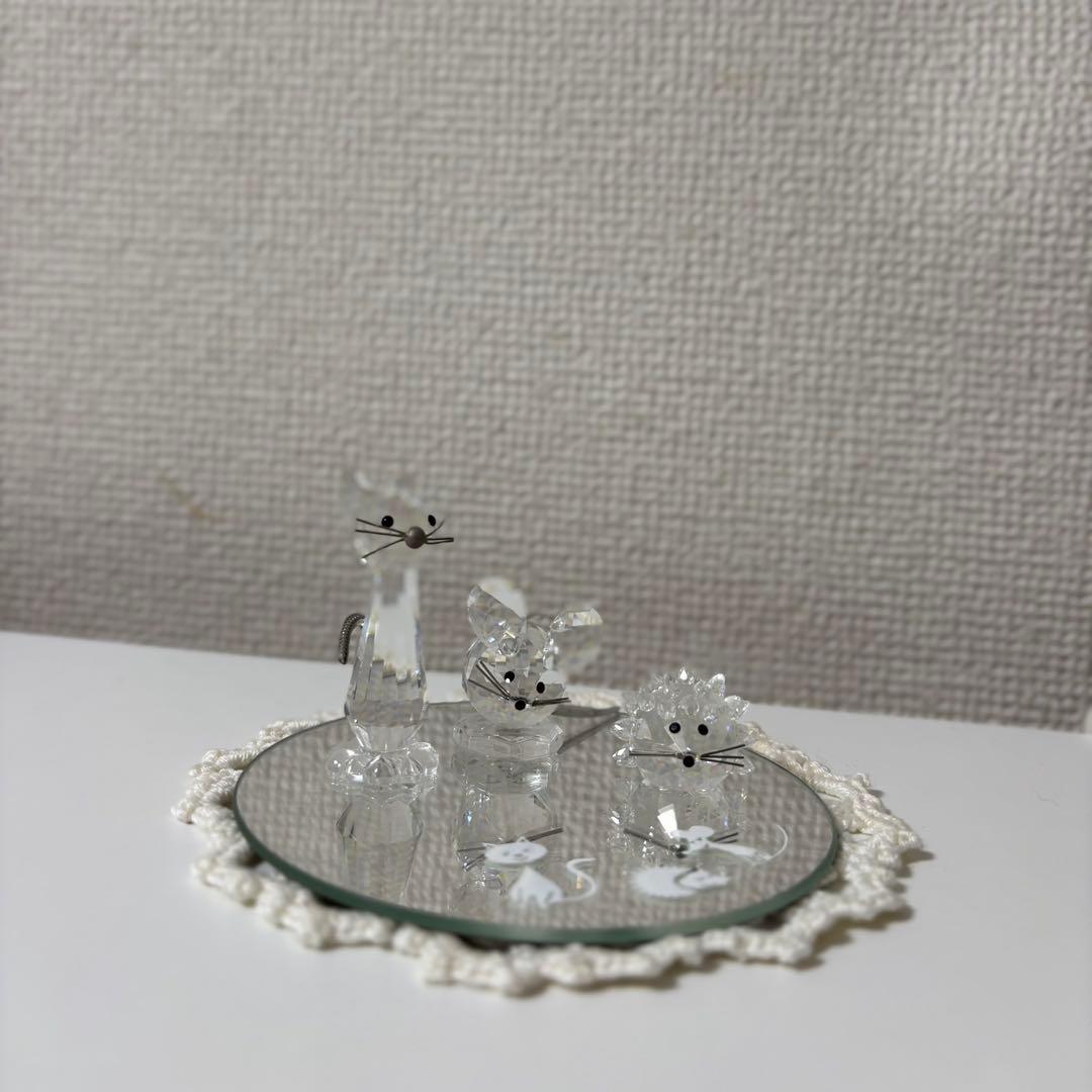 スワロフスキー、ネコ、ネズミ、ハリネズミの置物3点セット