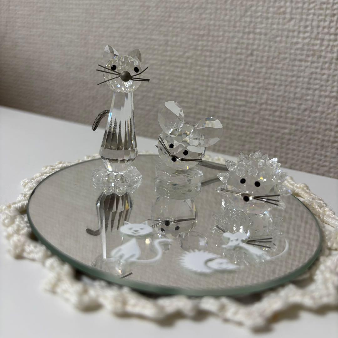 スワロフスキー、ネコ、ネズミ、ハリネズミの置物3点セット