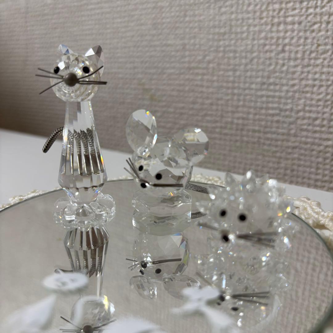 スワロフスキー、ネコ、ネズミ、ハリネズミの置物3点セット