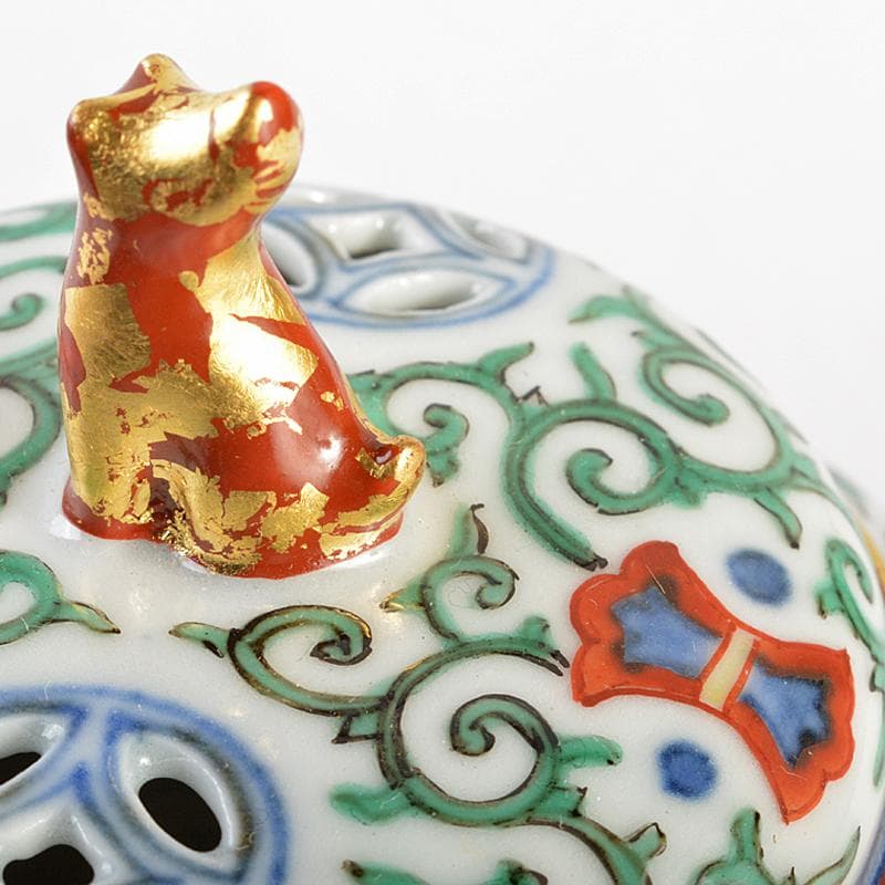 篩月庵 三浦竹泉造 赤絵金彩 花唐草龍文 双耳遊環香炉 共布共箱 J