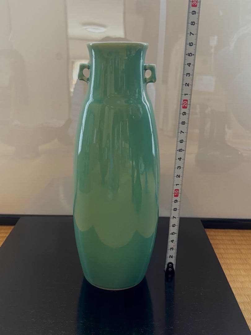 九谷焼】竹雲作 青磁 耳付 花瓶 共箱入 徳田八十吉師事 伝統工芸品