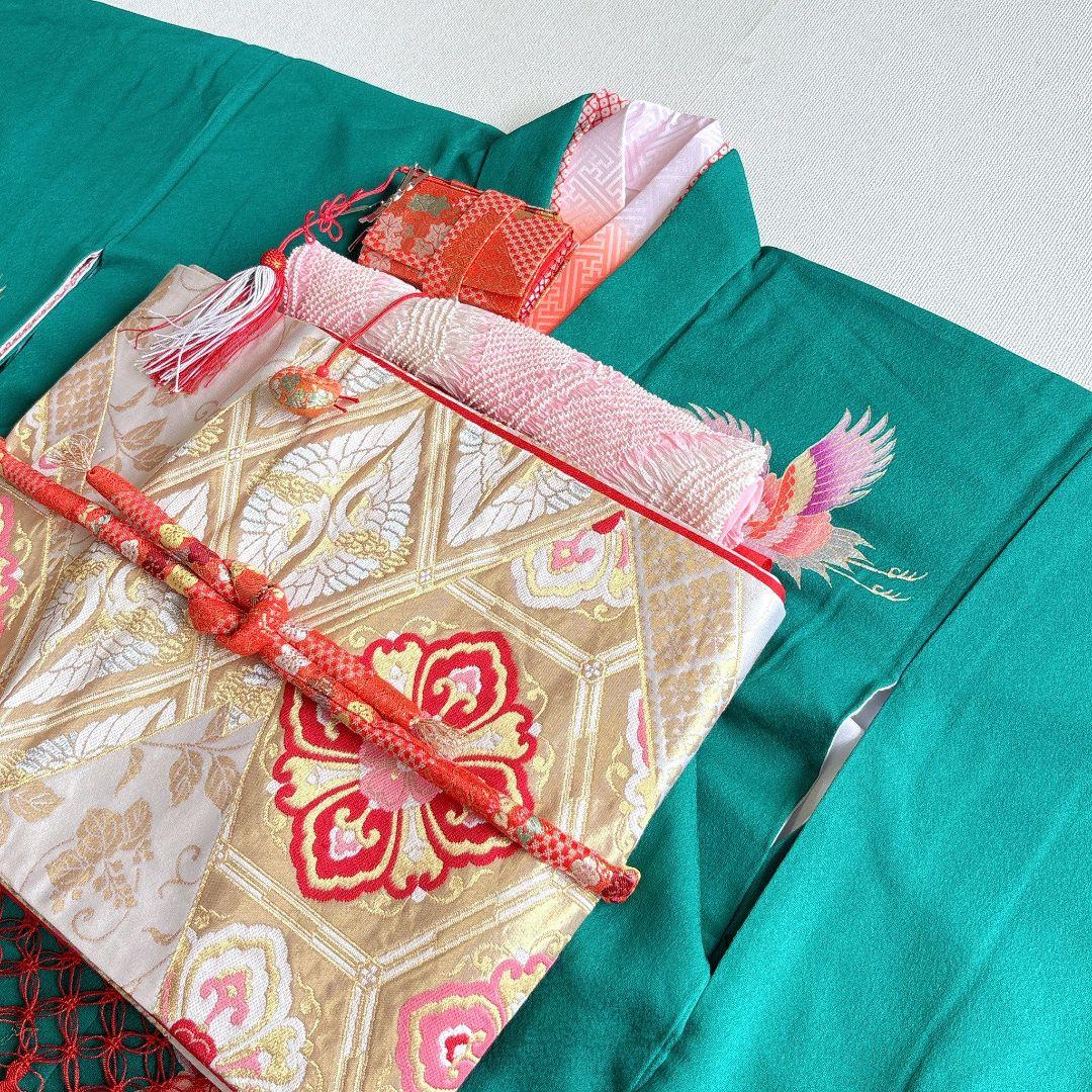 七五三　7歳女の子　フルセット　きもの　緑　比翼仕立　西陣別織　正絹　7288