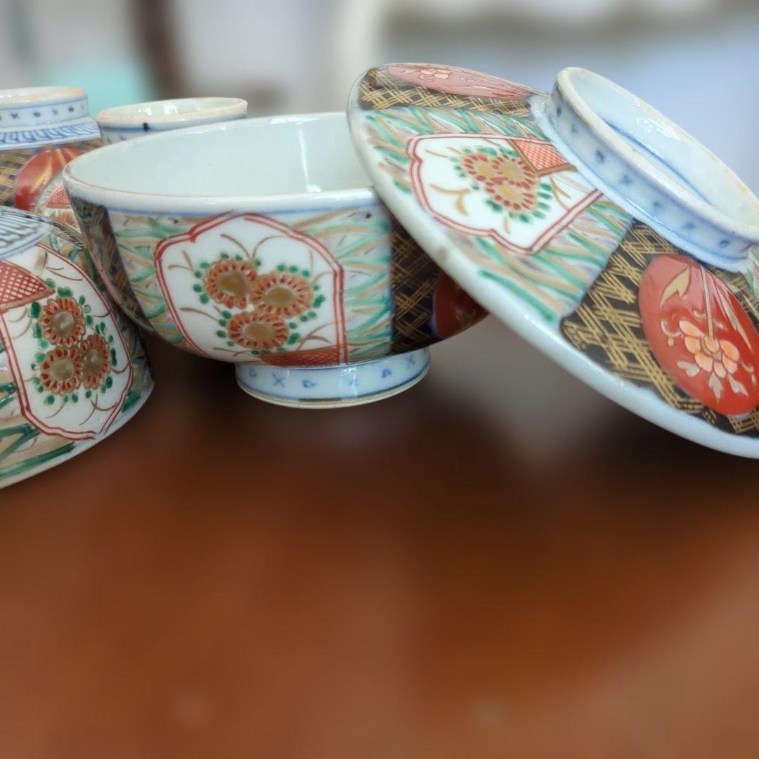骨董 伊万里 蓋付き お茶碗 碗 色絵 錦手 アンティーク 5つ〜