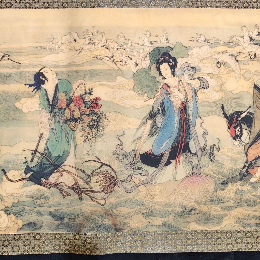 中国古画 丁云鹏《八仙神通図》 中巻 絹本 掛け軸 約392×71cm