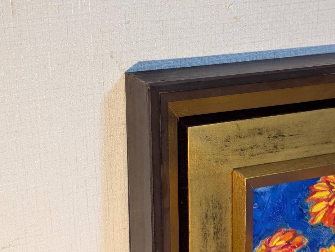 真作】絵画 油彩4号 彩りの饗宴 花瓶に咲く華 鮮烈な赤と黄の花々 Y136