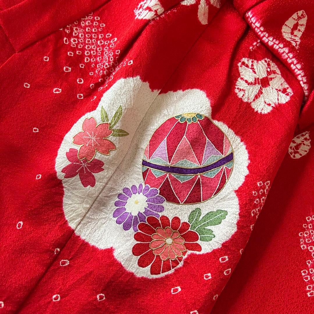七五三 3歳 フルセット 着物 753 絹 被布 総絞り 三歳 赤 草履 刺繍