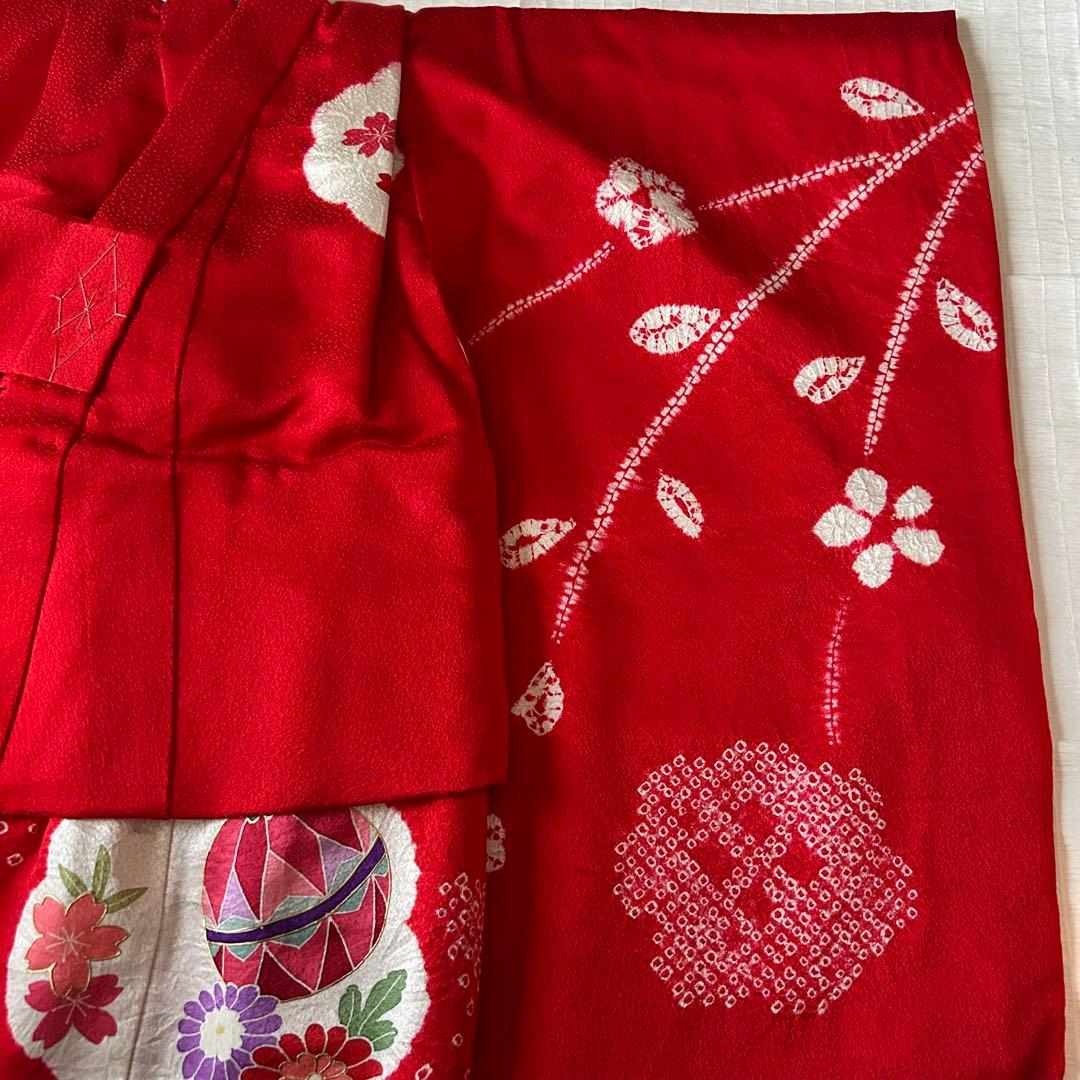 七五三 3歳 フルセット 着物 753 絹 被布 総絞り 三歳 赤 草履 刺繍