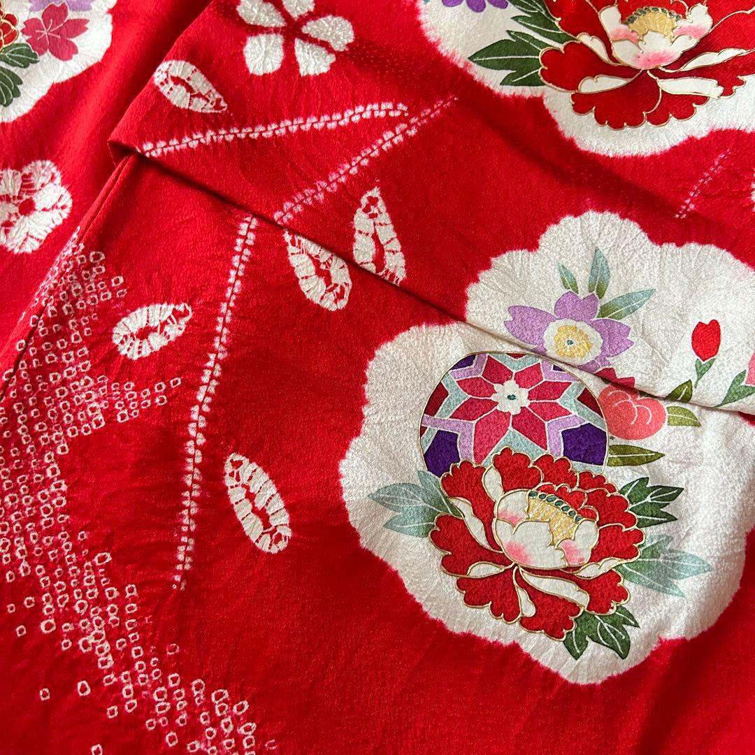 七五三 3歳 フルセット 着物 753 絹 被布 総絞り 三歳 赤 草履 刺繍