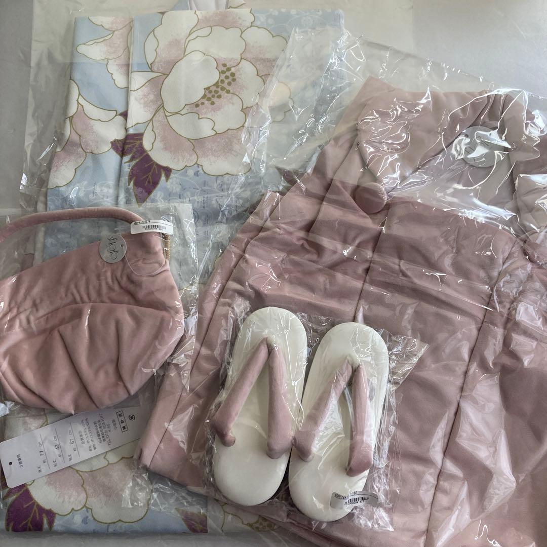 七五三 ３歳女の子 レース被布着物長襦袢草履バッグセットくすみカラー水色白ピンク