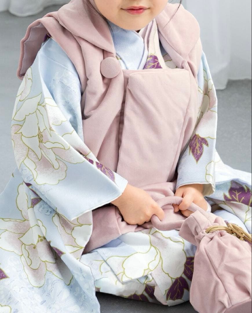 七五三 ３歳女の子 レース被布着物長襦袢草履バッグセットくすみカラー水色白ピンク