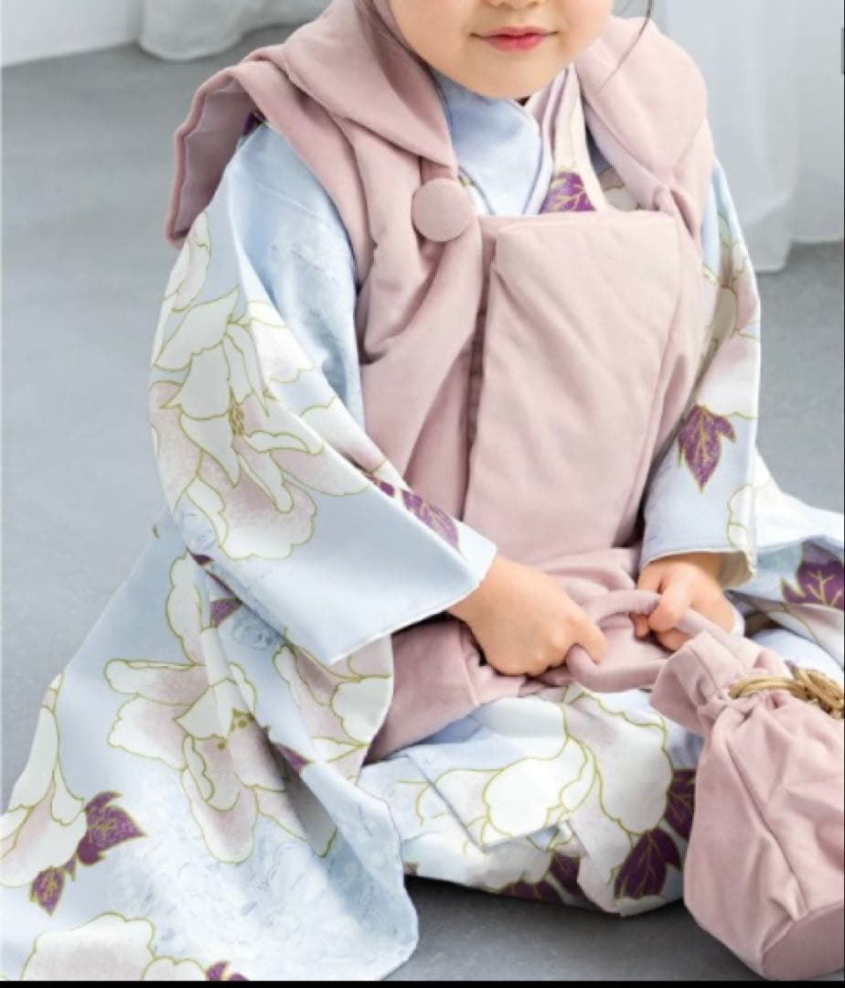 七五三 ３歳女の子 レース被布着物長襦袢草履バッグセットくすみカラー水色白ピンク